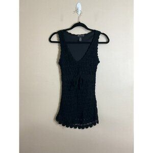 Womens Silk Crochet Tank Top Size Medium Black Y2K Prairie Boho Coastal Festival